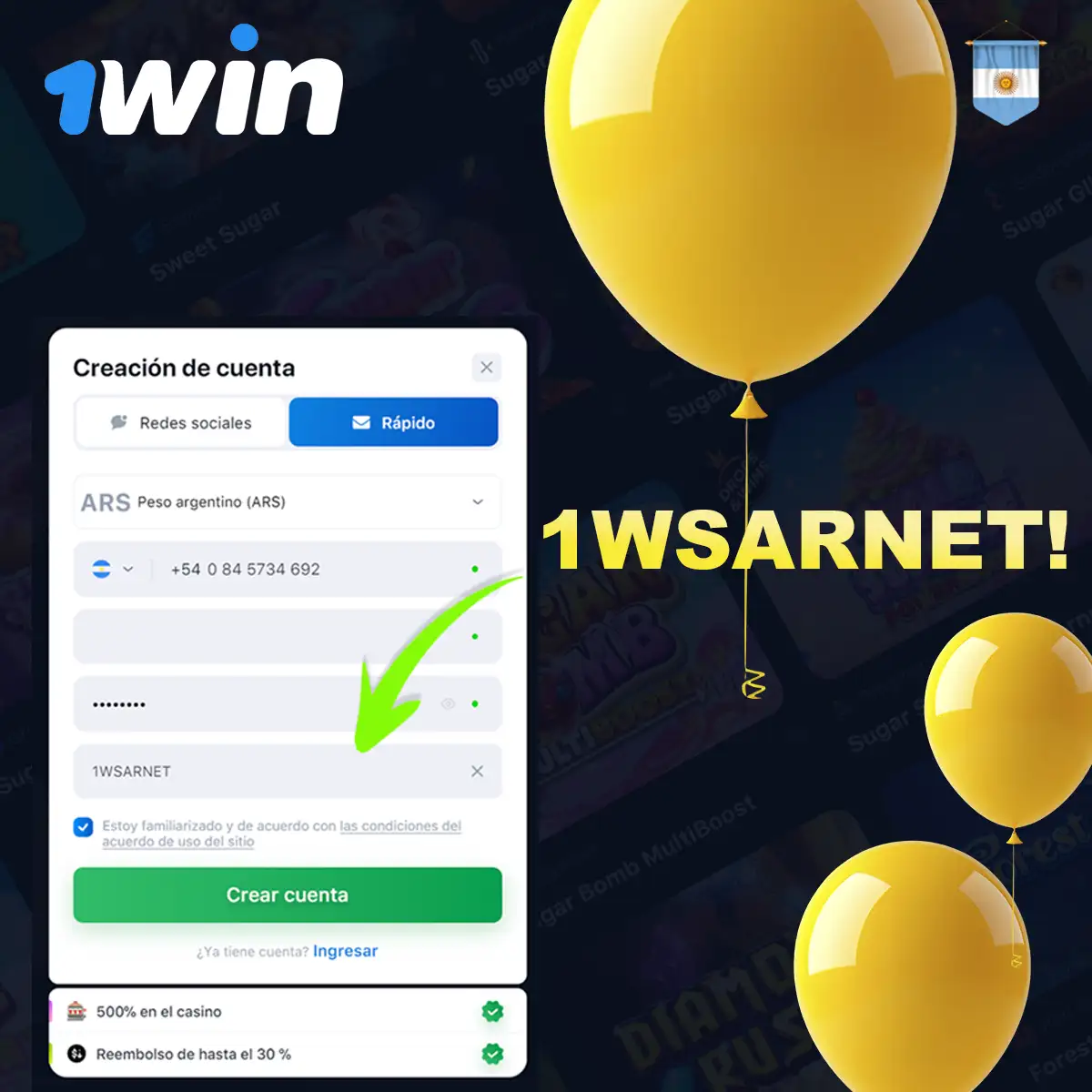 Utilice el código promocional en 1win Balloon